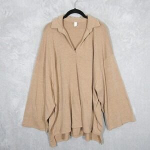 Foxy Kind Sweater Top Womens Small Tan Oversized V-Neck Polo Bamboo Long Sleeve